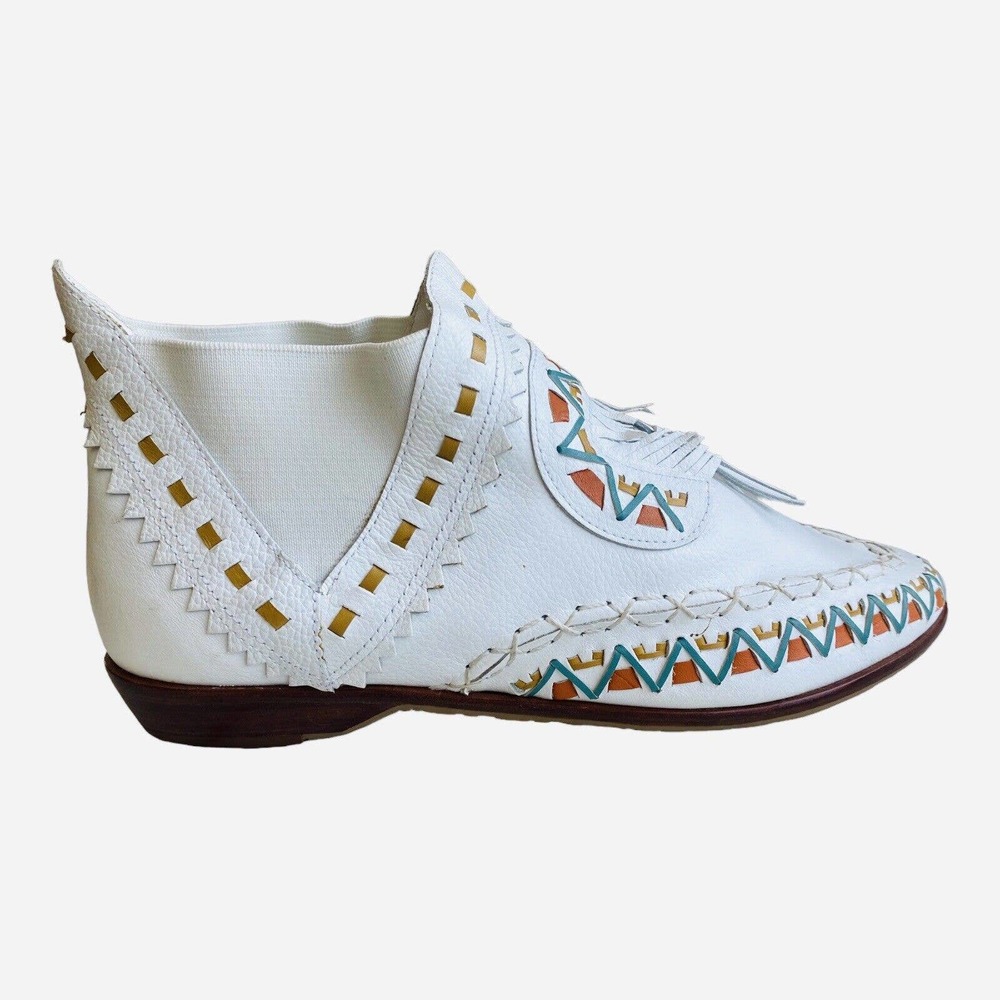 Vintage L J Simone Comanche White Ankle Boot Leather Southwest Size 8.5B